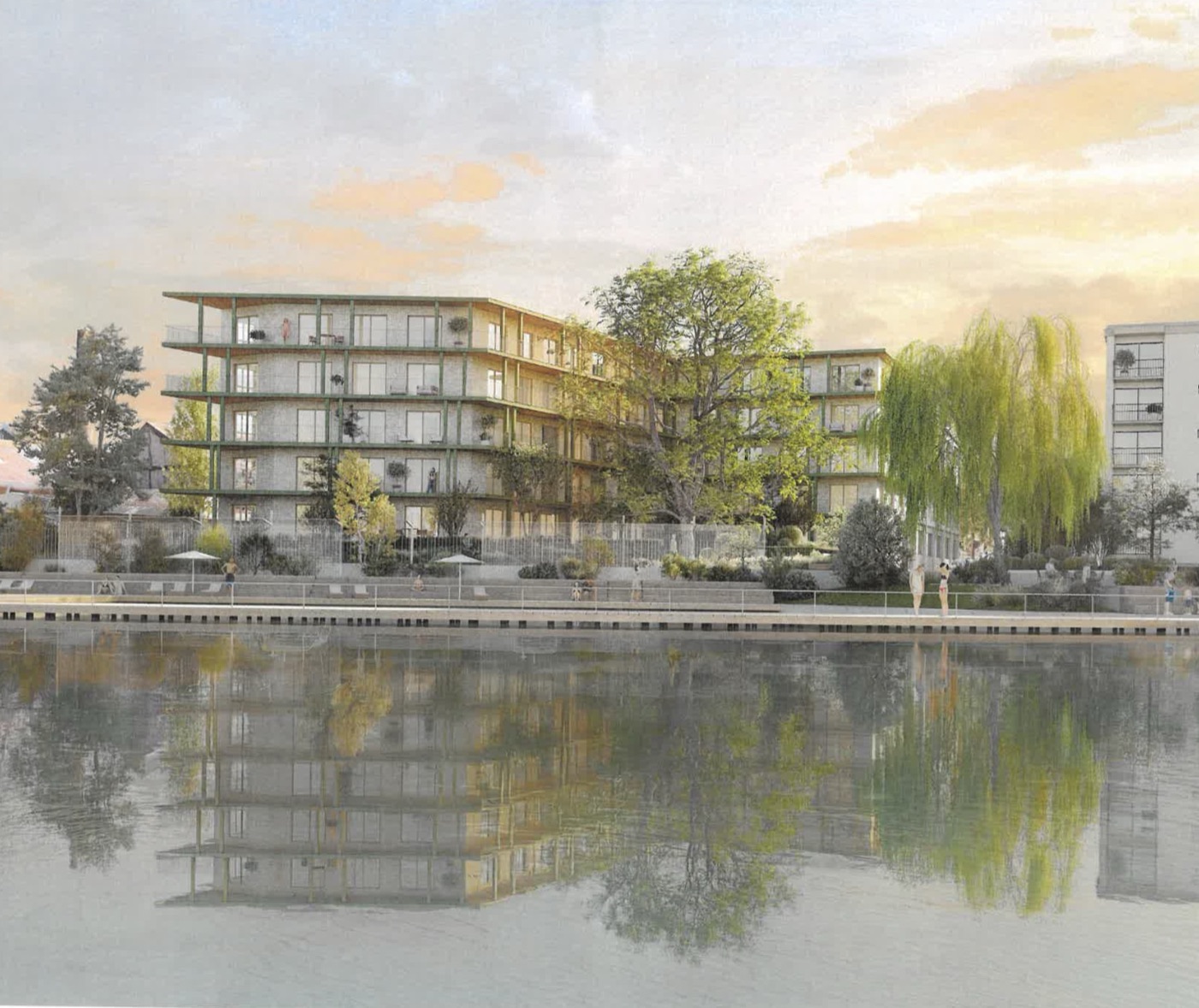 Perspective du projet d’immeuble sur les bords de Marne, vu depuis la rivière